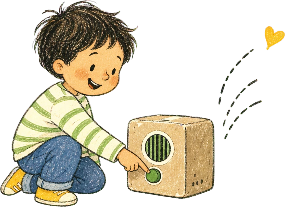 Hand-drawn child pressing the Button Box’s large button