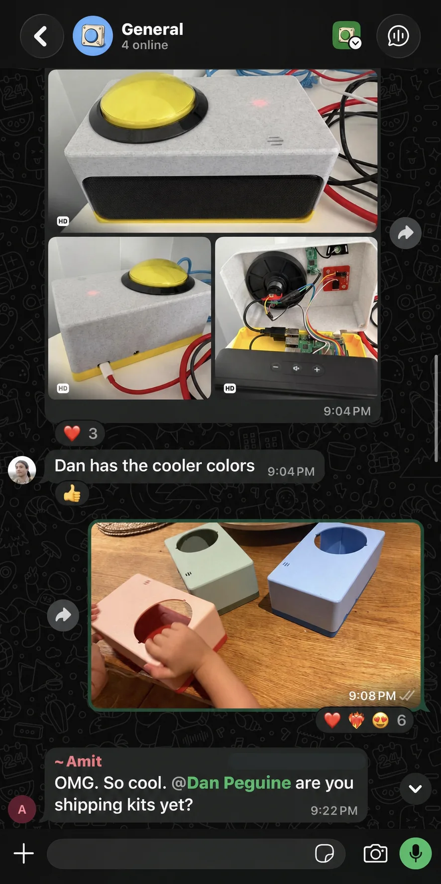 WhatsApp conversation where community members share photos of homemade Button Box prototypes and discuss building kits