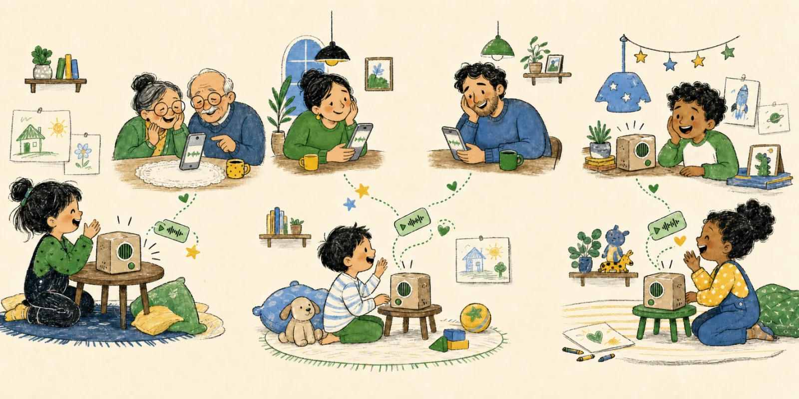 Hand-drawn children using Button Boxes while adults reply on their phones